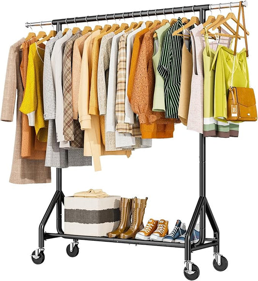 Heavy Duty Clothes Rack Load 450 LBS, Metal Garment Rack, Standing Rolling Clothing Rack for Hanging Clothes with Sturdy Wheels & Shelves, Portable Closet Wardrobe Rack,Black