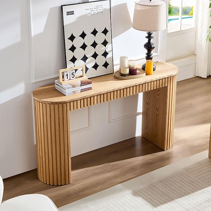 Modern Console Table for Entryway Contemporary Console Entry Tables with Drawer Fluted Sofa Tables Oval Long Foyer Table with Storage for Entry Way Hallway Entrance 59.05'' Wood Oak