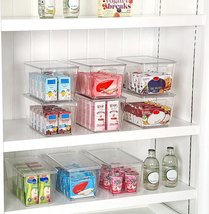 Vtopmart 1 Pack Clear Stackable Storage Bins with Lids, Medium Plastic Containers with Handle for Pantry Organizer and Storage,Perfect for Kitchen,Fridge,Cabinet, Closet,Bathroom Organization