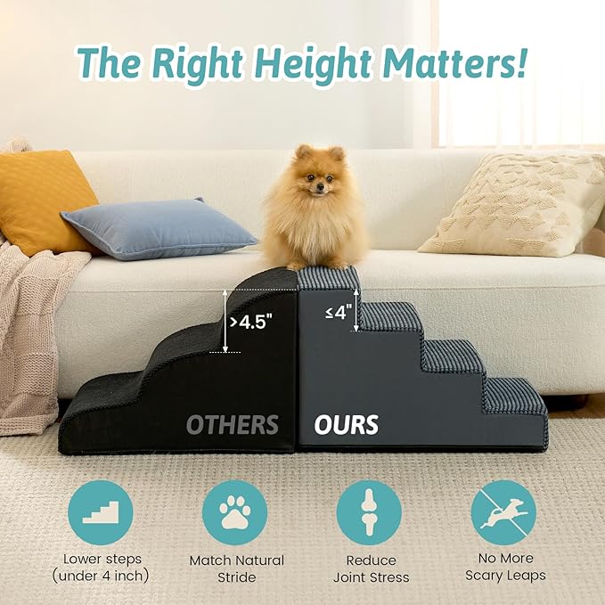 Slope Dog Stairs 15.7" H, Pet Steps for Couch Sofa Chair, Ramp for Small Dogs Puppy Cats Seniors with Removable Washable Cover, 4 Step, Charcoal Grey
