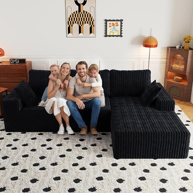 108" Sectional Couches for Living Room, Modular Sectional Sofa with L-Shape Chaise, Boneless Couch, Comfy Corduroy Fluffy Couch with Deep Seat and Side Pockets, No Assembly Required