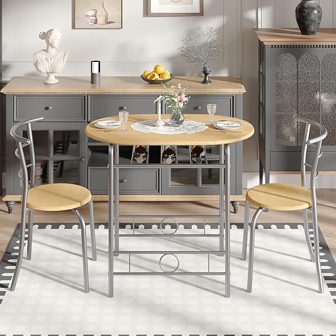 VECELO 3-Piece Dining Table Set for Kitchen Breakfast Nook, Wood Grain Oval Tabletop and Metal Frame with Built-in Wine Rack, for Small Spaces, Natural & Silver