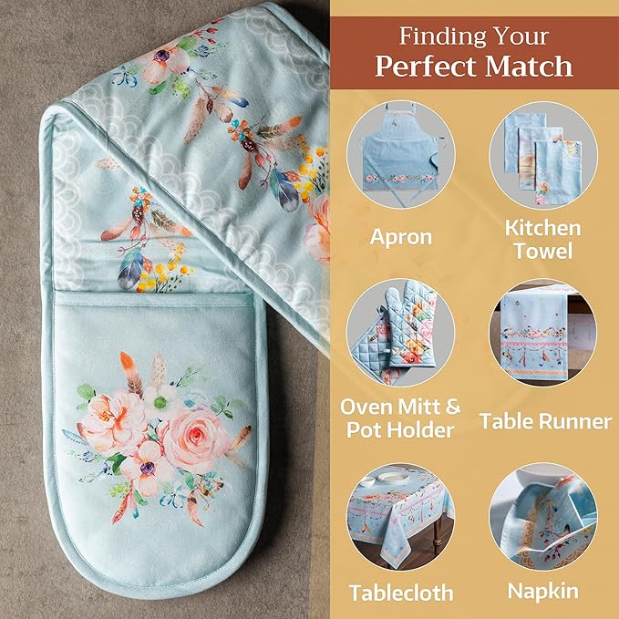 Maison d' Hermine Double Oven Mitts 100% Cotton 7"x35" Double Oven Mitt Heat Resistant BBQ Cooking Gloves with Loop, Baking, Grilling, Home, Kitchen, Handling Hot Pans Spring Summer (Ibiza)