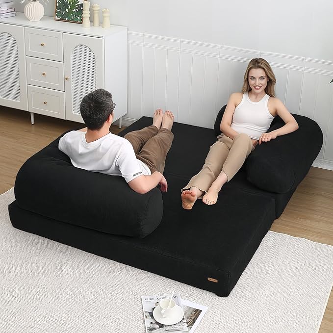 COMAX 4-in-1 Futon Sofa Bed, Queen Size Foldable Couch with L-Shaped Armrests, Convertible Sleeper Chair Bed, Comfortable Lounge Mattress for Living Room and Bedroom, Dark Black