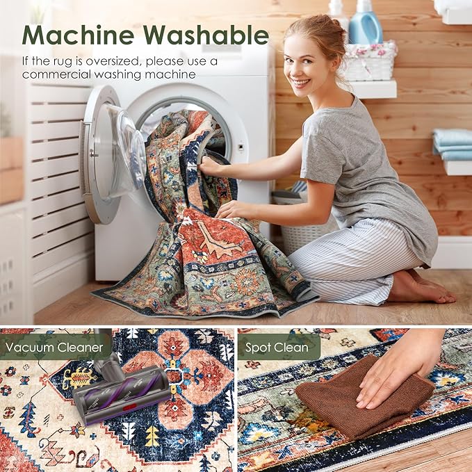 Washable Living Room Area Rugs - 9x12 Large Soft Machine Washable Non-Slip Low Pile Area Rugs, Vintage Oriental Neutral Carpet for Bedroom Dining Room Dorm Office Decor Red/Beige