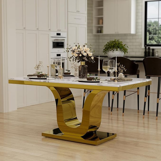 Luxury Dining Room Table with Gold Stainless Steel Metal U-Base in White Gold