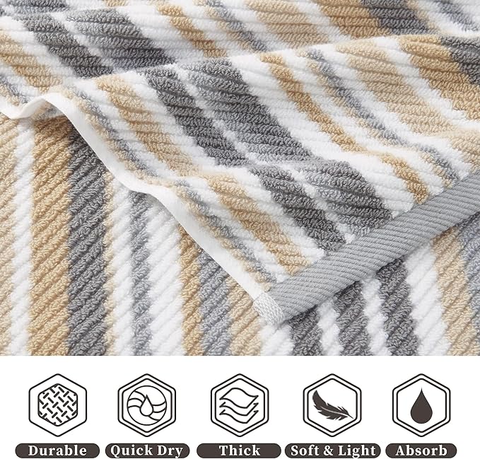 Beige Striped Hand Towels, Bathroom Hand Towels Set of 4, 16"x27" - 100% Cotton | Quick Dry | Absorbent | Light Weight, Soft Towel Set for Showering & Guest, Luxury Towel Gift, Tan and Gray Stripe