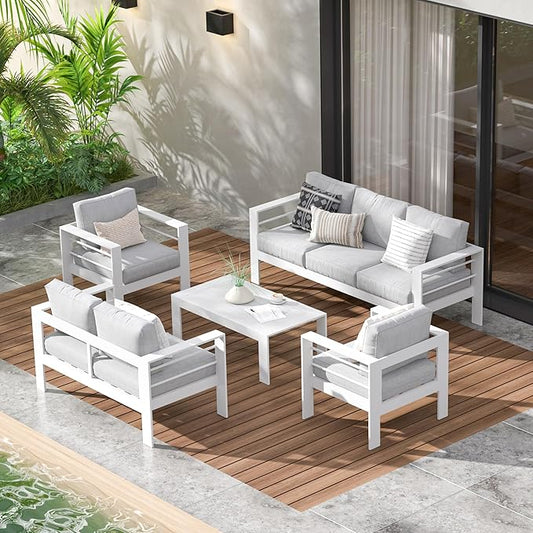 Wisteria Lane Aluminum Outdoor Patio Furniture Set, 7 Seats Modern Patio Conversation Sets, Outdoor Sectional Metal Sofa with 5 Inch Cushion and Coffee Table for Balcony, Garden, Light Grey