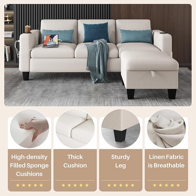 Youmumeub Couches for Living Room-Convertible Sectional Sofa, L-Shape Linen Fabric Sofa Couch with Storage Ottoman, Suit 3-Seats Sofa for Small Living Room and Apartment-Beige(USB+2 Cup Holder)