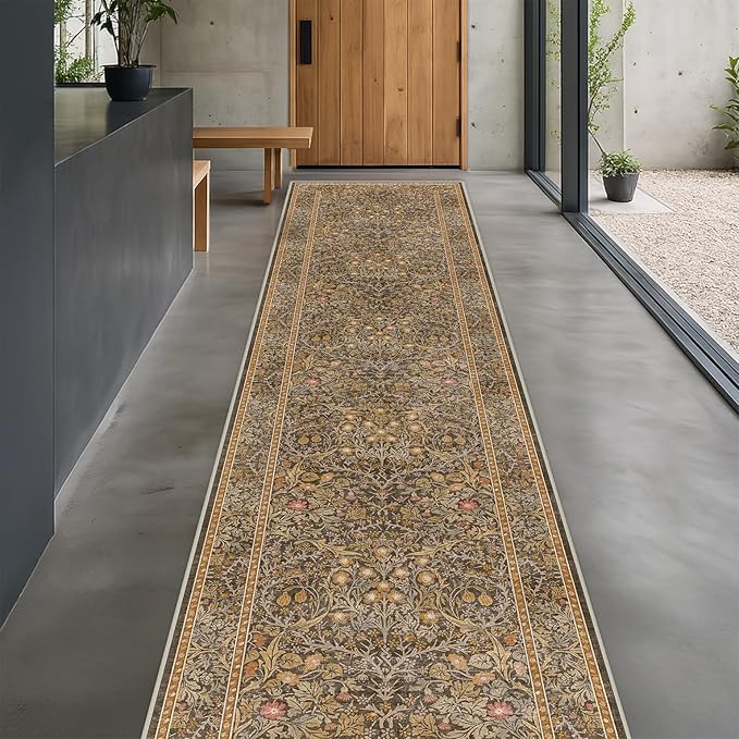 Non Slip 2x10 Gold Brown Hallway Runner - 10ft Long Runner Rugs, Washable Kitchen Floor Mat - Vintage Floral Design Décor