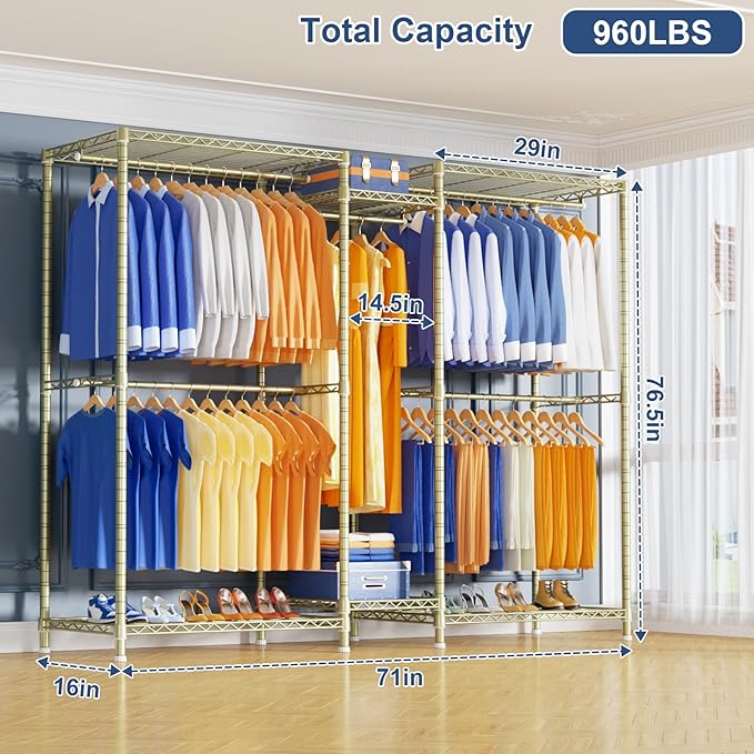 Ulif E12 Clothes Rack，Heavy Duty Freestanding Garment Rack with Shelves，Metal Clothing Closet Storage System for Hanging Clothes，71" W x 16" D x 76.5" H, Hold 960 lbs，Gold