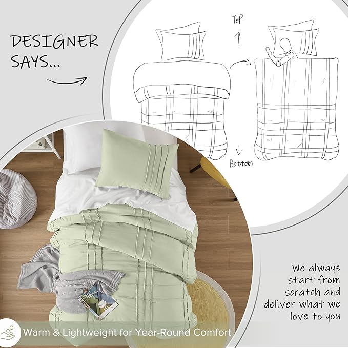 Comfort Spaces Sage Twin Size Comforter Set - 2 Pieces Pintuck Pleated Bedding Sets, All Season Lightweight, Extra Softness Pre-Washed Microfiber Twin/Twin XL Bed Set, Shams
