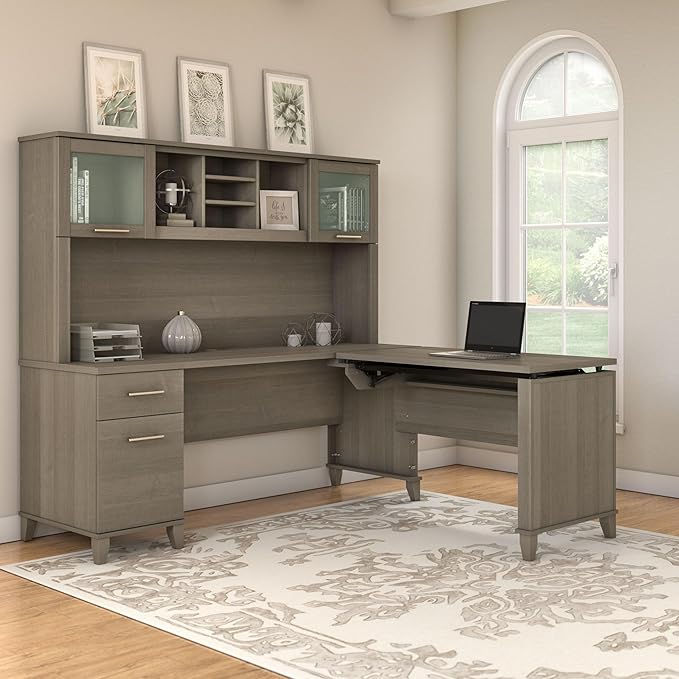 Bush Furniture Somerset 72W 3 Position Sit to Stand L Shaped Desk with Hutch in Ash Gray | Adjustable Height Table for Home Office