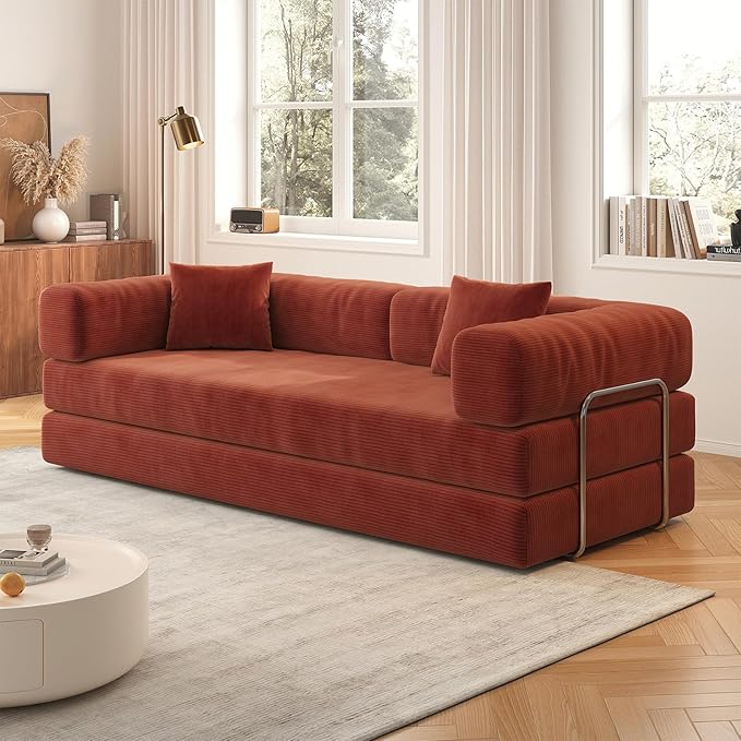 Antetek Convertible Futon Sofa Bed, 3-Seater Modern Corduroy Foam Floor King Size Bed Fold Out Sleeper Lounge Loveseat Sofa Couch with 2 Throw Pillows for Living Room Bedroom Guest Room, Tangerine