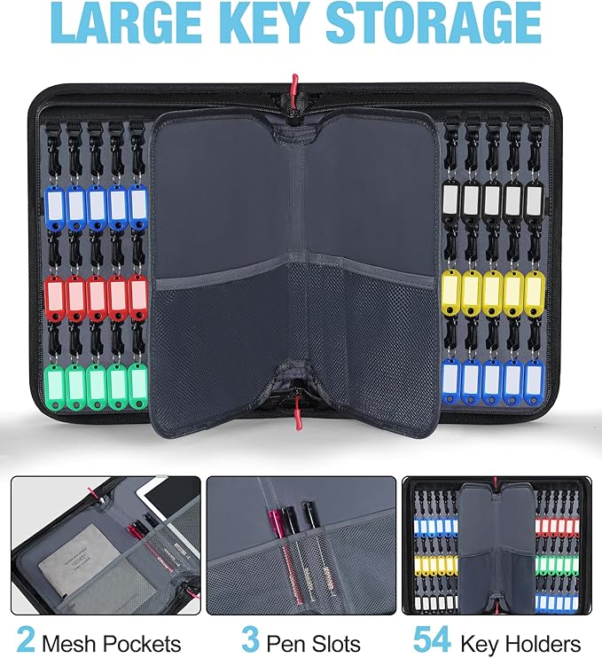 Key Organizer Case, Fireproof & Waterproof Key Bag with 54 Key Tags, Portable Zippered Key Storage Box for Estate Sales, Hotels, Office, Property Management, Handle & Shoulder Strap Included