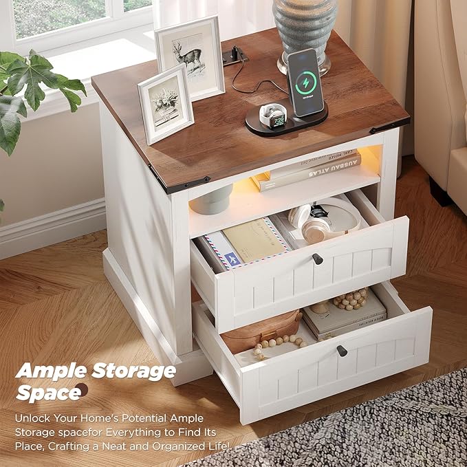 Vabches Nightstand with Charging Station, Vintage End Table with 2 Drawers, Wood Rustic Sofa Side Table with Open Storage Shelf for Bedroom, Living Room