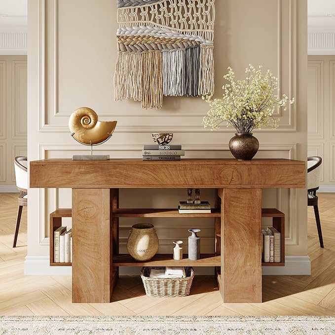 63 Inch Long Console Table for Entryway, Farmhouse Wooden Sofa Table Behind Couch with 3-Tier Storage Shelf, Narrow Entry Accent Table for Living Room, Hallway, Foyer, Natural
