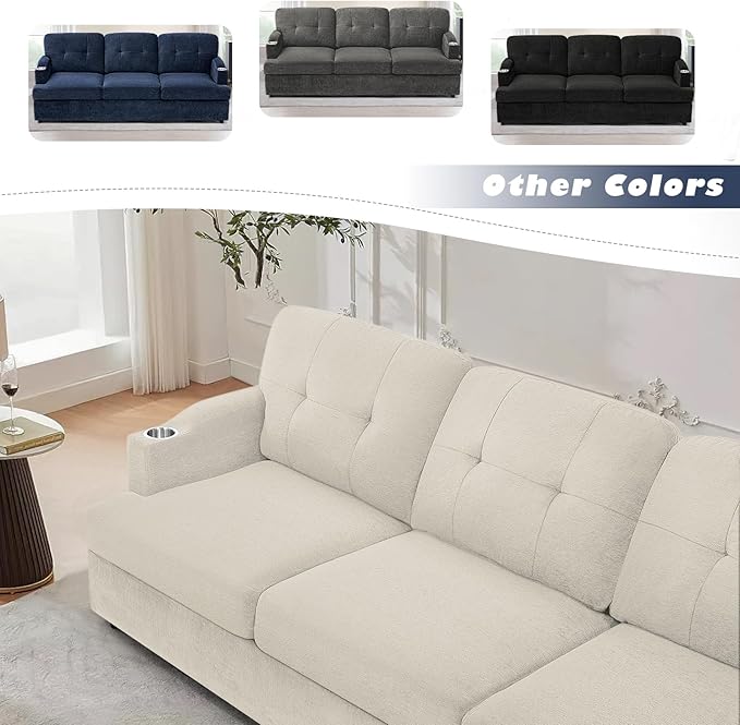 89" Chenille Modern Sofa with Cup Holder, Tufted Upholstered Couch with Thickened Cushions, Comfy 3 Seater Sofa with Deeper Seat for Living Room, Apartment,Beige