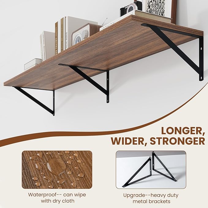 Heimlove 12 Inch Deep Floating Shelves for Wall, 48W x 12D Wood Wall Shelves Set of 2, Walnut Wide Floating Bookshelf for Living Room, Kitchen, Office, Bedroom, with Black Metal Bracke - Walnut