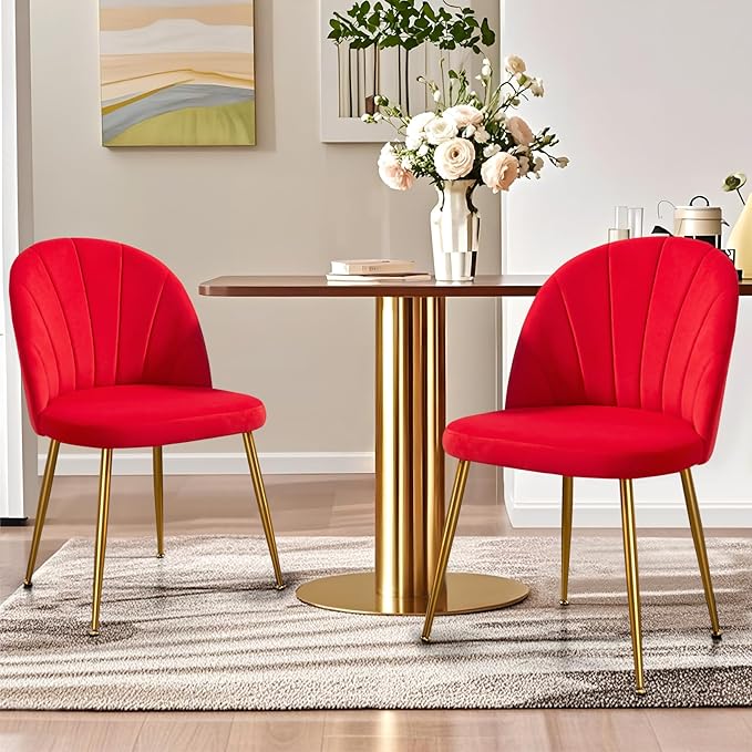 Velvet Dining Chairs Set of 6, Upholstered Mid Century Modern Dining Room Chairs, Armless Accent Chair with Metal Gold Legs for Living Room, Kitchen, Rose Red