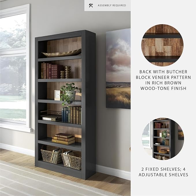 Signature Design by Ashley Wildenauer Farmhouse 75" Bookcase with 2 Fixed Shelves and 4 Adjustable Shelves, Black & Light Brown