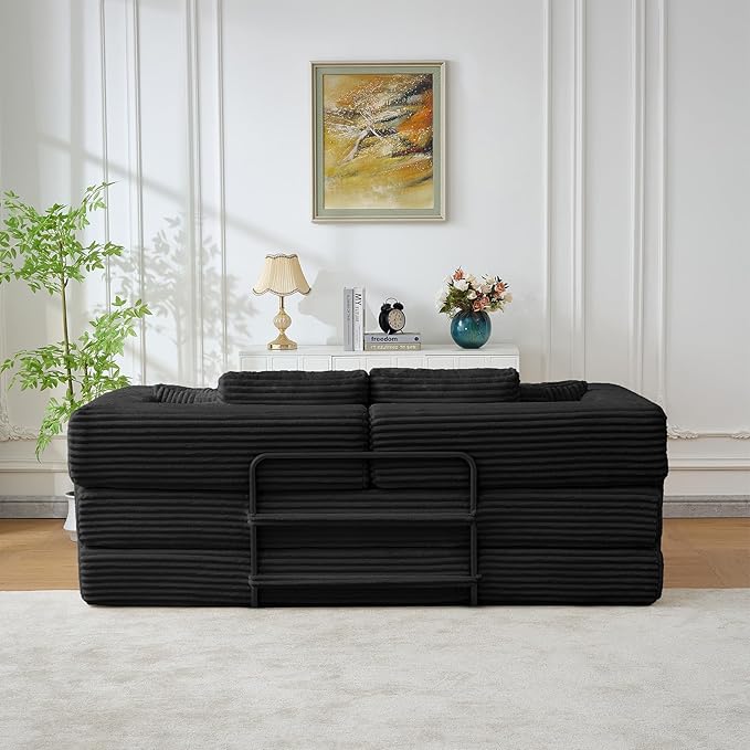 Antetek Convertible Sofa Bed, Comfy Corduroy Fluffy Love seat Sleeper Sofa, 5 in 1 Folding Couch Bed, Fold Out Floor Couch with Pillows for Bedroom, Living Room, Office, Wide Stripes, Black