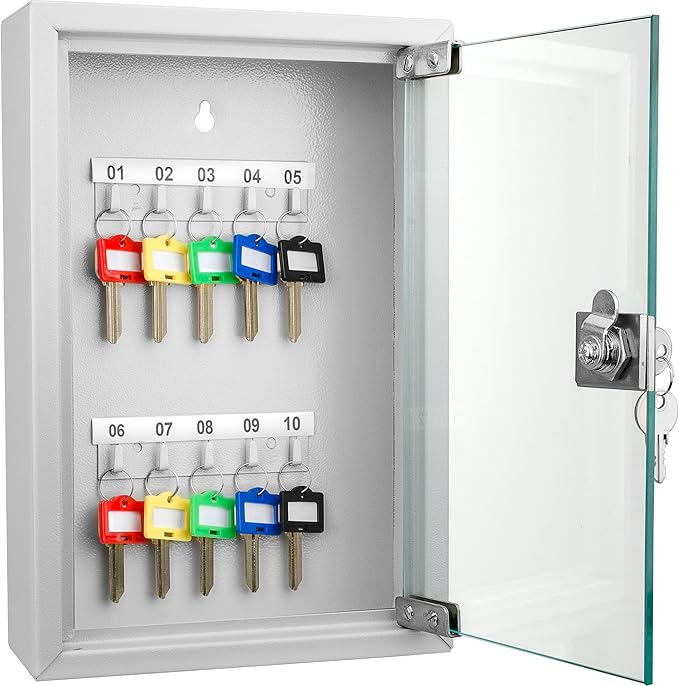 Barska Key Lock Box with Glass Door – Wall Mount Steel Key Cabinet Organizer with Labeled Hooks and Colored Key Tags for Home, Office, Property Management