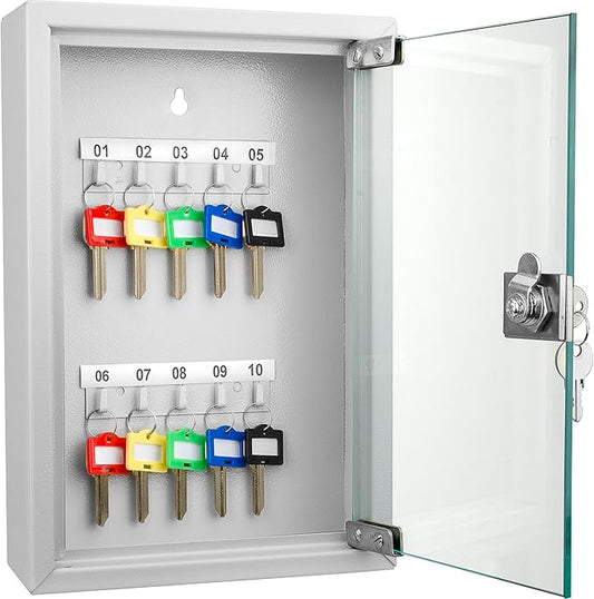 Barska Key Lock Box with Glass Door – Wall Mount Steel Key Cabinet Organizer with Labeled Hooks and Colored Key Tags for Home, Office, Property Management