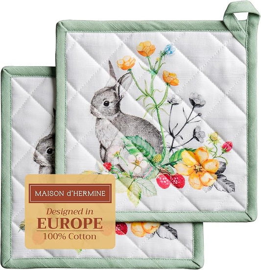 Maison d' Hermine Pot Holders Set 100% Cotton Heat Resistant Potholders 8" x 8" Hot Pads with Loop BBQ, Cooking, Baking, Grilling, Kitchen, Handling Hot Pans Spring/Summer (Pack of 2, Printemps)
