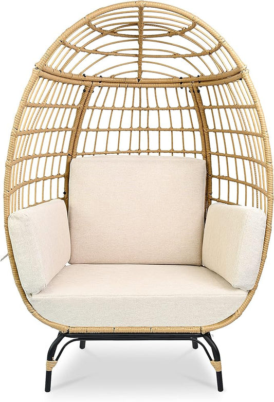 SereneLife Jovial Wicker Rattan Egg Chair,Indoor Outdoor White Sofa Chair for Patio Backyard and Living Room with 4 Cushions and Powder Coated Steel Frame,Woven Texture Contemporary Ribbed Back Design