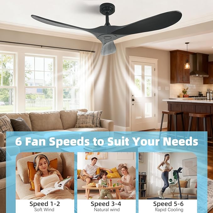Smart Ceiling Fan no Light, 52 Inch Outdoor Ceiling Fan Without Light, Compatible with Alexa/Google/App, 3 Solid Wood Blades, Modern Wood Fan for Patio, Bedroom, Living Room, Black
