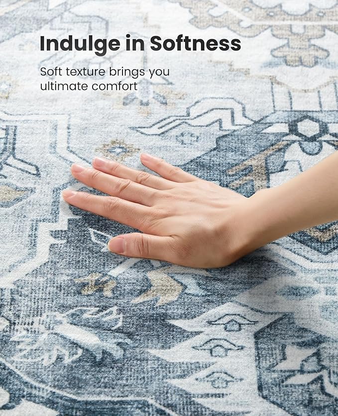 AMADA HOMEFURNISHING 9x12 Area Rug, Washable Low-Profile Large Area Rug with Non-Slip Backing & Durable Edge Binding, Vintage Large Rugs for Living Room, Bedroom