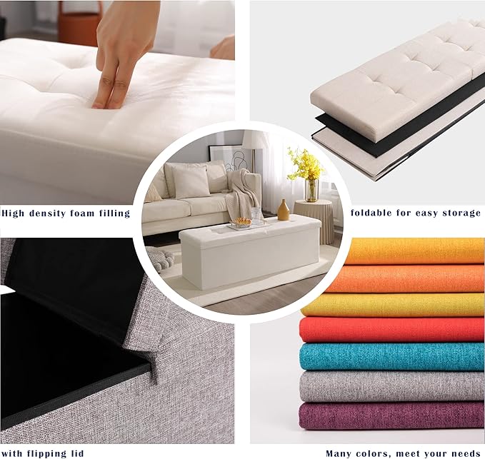 CUYOCA 45.3 Inches Storage Ottoman Bench Foldable Seat Footrest Shoe Bench End of Bed Storage with Flipping Lid, 166L Storage Space, Linen Fabric Brown