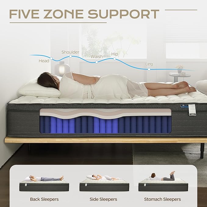 14 Inch Cal King Hybrid Mattress, Medium-Firm, Pressure Relief & Motion Isolation Memory Foam w/Pocket Springs, Cooling, Hypoallergenic, Ideal for Back Pain, Side Sleepers, Plus-Size Sleepers