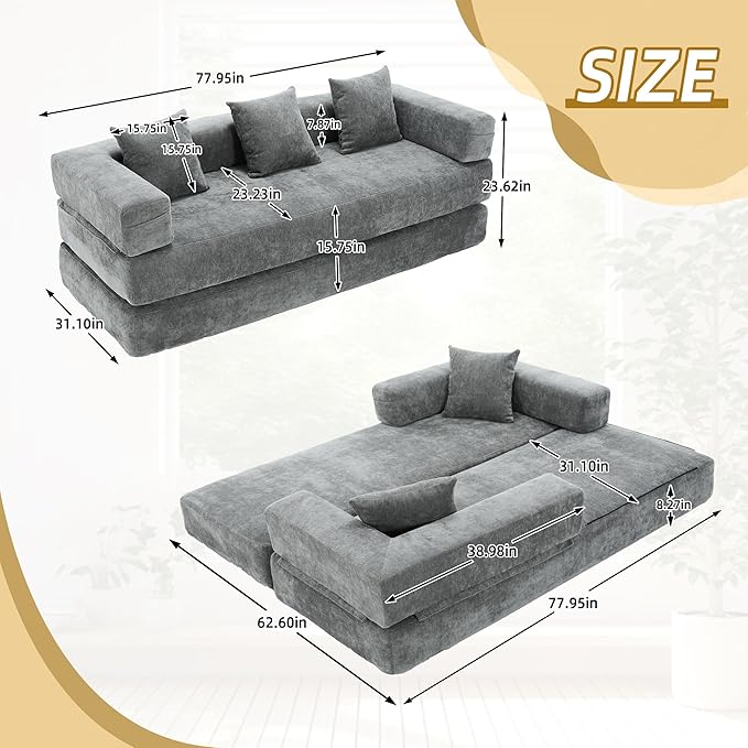 Convertible Floor Sofa Bed with Storage Pocket, Chenille Folding Mattress Sofa with Zipper Closure, Floor Lounge Couch for Living Room, Bedroom, Studio -Gray