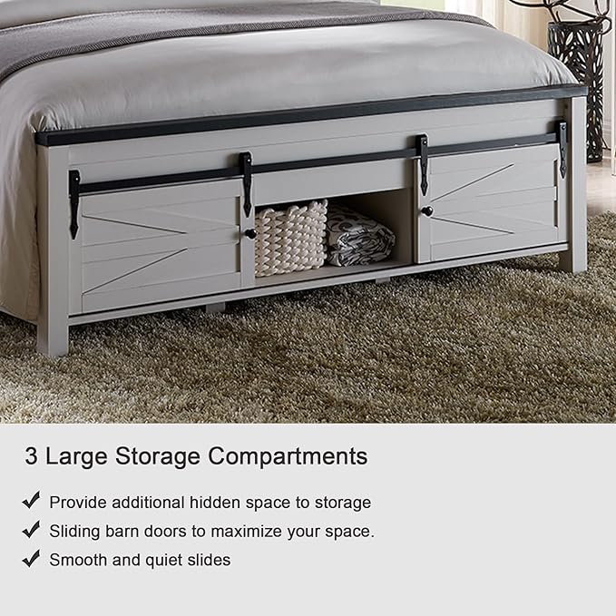 JXQTLINGMU Farmhouse King Size Bed Frame with 47" Tall Headboard, Wood King Bed Frame with Storage Cabinet, Solid Wood Slats Support, Noiseless, No Box Spring Needed (Antique White)