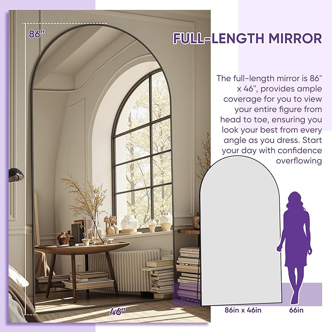Full Length Mirror, 86"x46" Arched Floor Mirror Freestanding, Floor Standing Full Body Mirror with Stand for Bedroom, Hanging Mounted for Living Room Cloakroom, Black