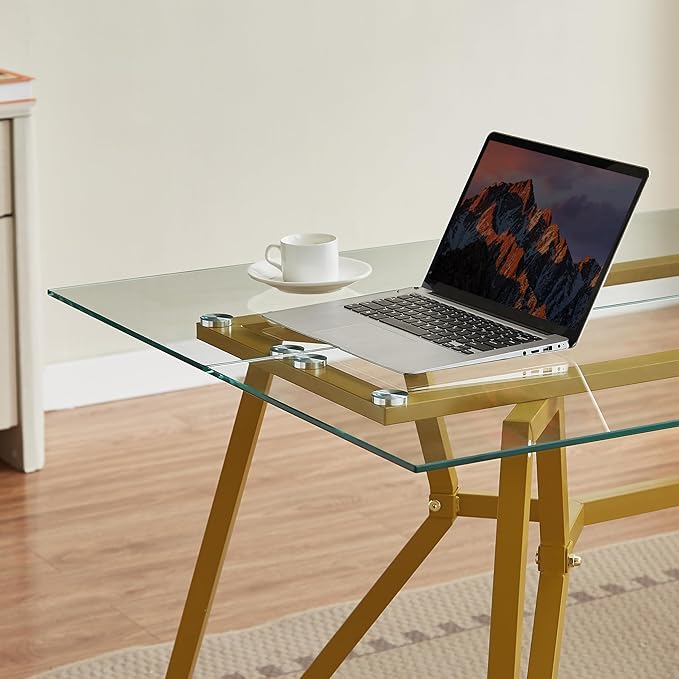 71 inch Glass Dining Table for 4 6 8, Modern Rectangular Kitchen Table and Table Runner, Clear Tempered Glass Tabletop and Gold Metal Legs Dining Room Dinner Table for Kitchen,Living Room, Offices