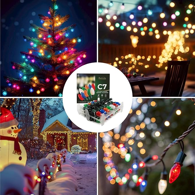 C7 26ft Indoor/Outdoor Ceramic Multicolor Incandescent Christmas String Lights with 25 Bulbs | 120V, 5W