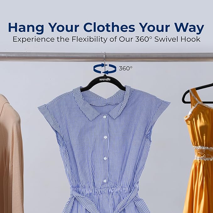 SereneLife 200 Pack Velvet Hangers - Non-Slip Felt Hangers with 360° Swivel Hook, Space-Saving, Ultra-Thin, Lightweight for Shirts, Sweaters, Hoodies, Kids Clothes & Dresses