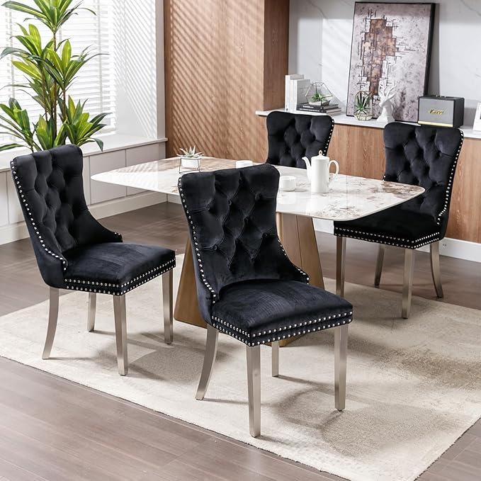 Luxury Upholstered Dining Chairs Set of 2, Black Kitchen Chair with Silver Metal Legs, Velvet Tufted Back Dining Chair, Sillas de Comedor, Modern Kitchen & Dining Room Chairs (Black, 2 Pcs)