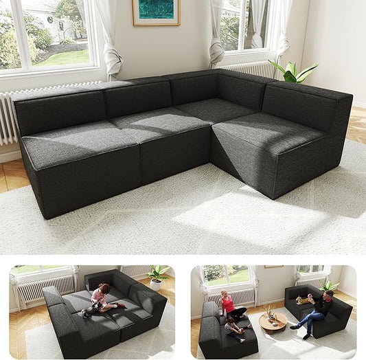 97" Sectional Compressed Sofa Modular Couches,High-Density Foam No Assembly Required,3-Piece(1xCorner 3xArmless) for Living Room, Chenille Dark Grey