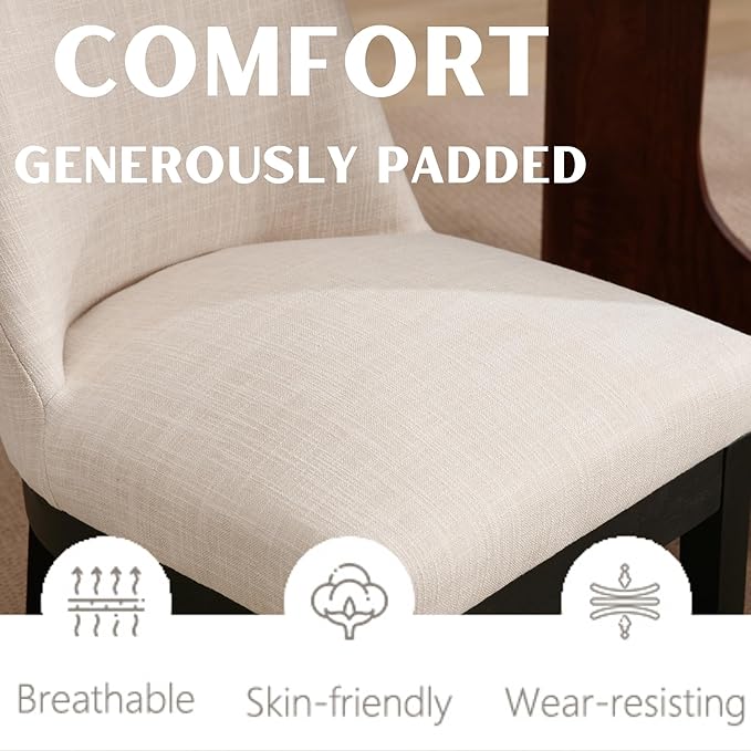 Modern Dining Chairs Set of 6 Comfortable Dining Room Chairs with Back, Linen Fabric Upholstered Kitchen Side Chairs with Black Wood Legs for Living Room, Beige