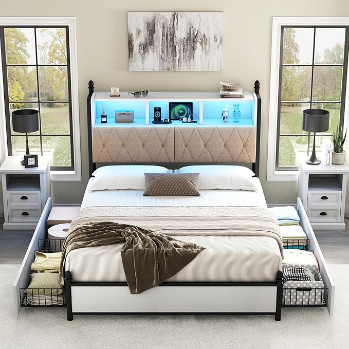 AMERLIFE Queen Bed Frame with Bookcase Headboard & 4 Storage Drawers, Wooden Platform Bed with Charging Station and LED Light, No Box Spring Needed/Noise-Free, White