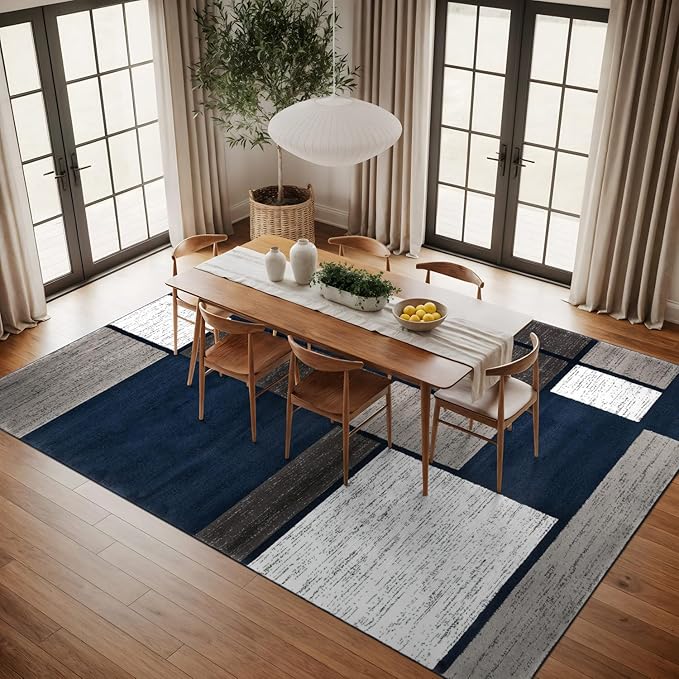 Rugshop Modern Geometric Boxes Navy Area Rug, Fade-Resistant Carpet for Large Living Room, Bedroom, or Open Space, 10' x 14'