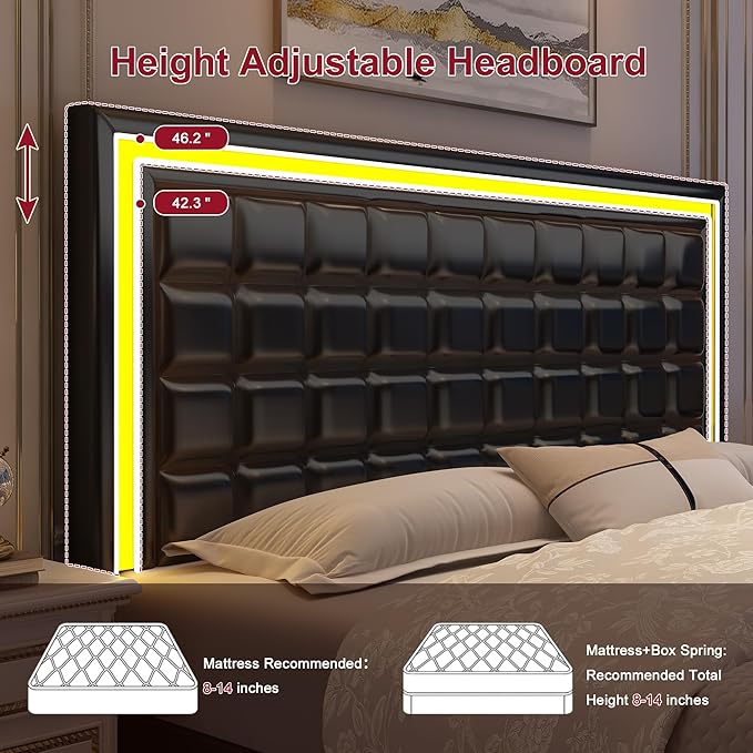 King LED Bed Frame with 4 Drawers, Bed Frame with Led Lights Adjustable Upholstered Headboard Platform Bed with Wooden Slats Support, No Box Spring Needed, PU Black