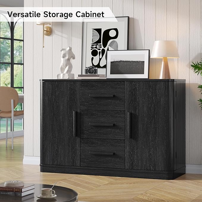 ONBRILL 47" Curved Buffet Cabinet with Storage and 3 Drawers, Large Sideboard Buffet Storage Cabinet with 2 Doors, Modern Coffee Bar Table for Dining Room, Living Room, Entryway (Black)
