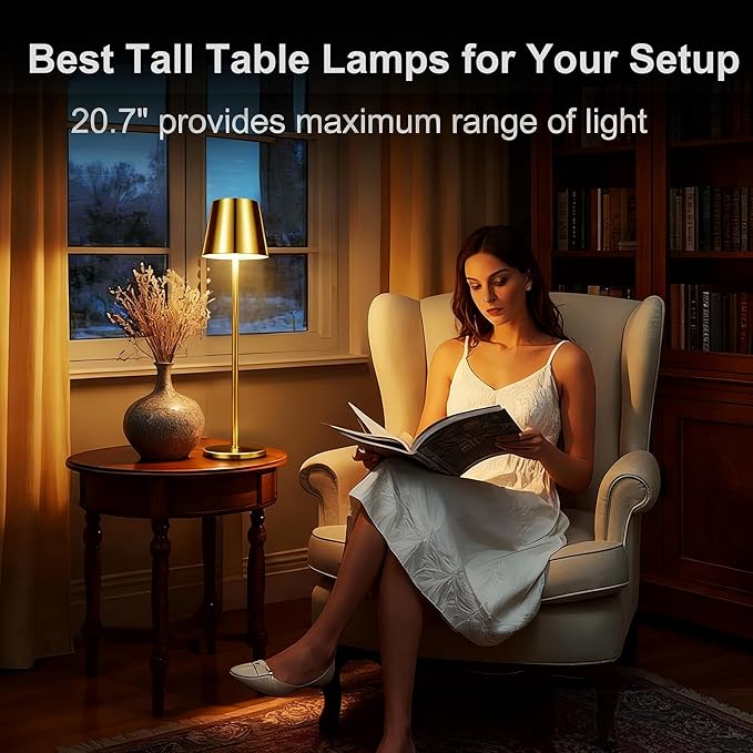 2 Pack Gold Cordless Table Lamp Rechargeable, Metal Small Bedside Table Lamp with 3 Adjustable Pole, 5400mAh Battery Operated Touch Lamp for Bedroom Kitchen Dining Waterproof & Portable