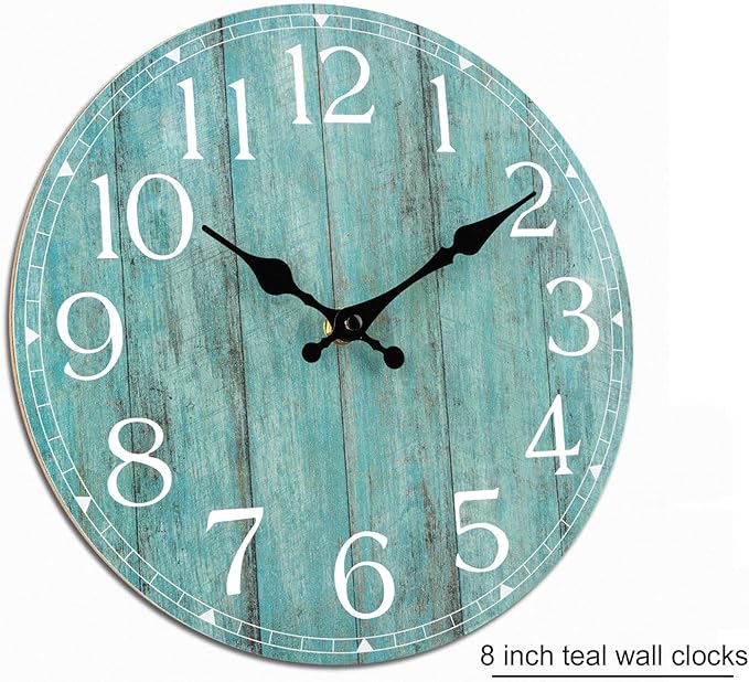 HYLANDA Wall Clock, Teal Silent Non-Ticking Battery Operated, Kitchen Rustic Vintage Decorative Aqua Clocks for Bathroom Bedroom Living Room Office 8 Inch