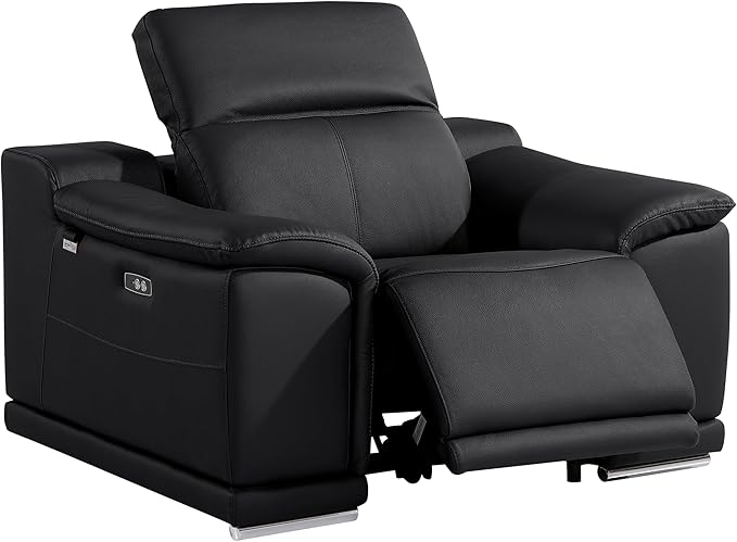 Blackjack Furniture Venice Top Grain Italian Leather Power Recliner Chair with Adjustable Headrest Modern Luxury Seating for Living Room Lounge, Black